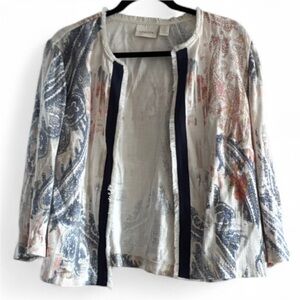 Chicos paisley 3/4 sleeve open front fringe textured jacket size 3 US XL